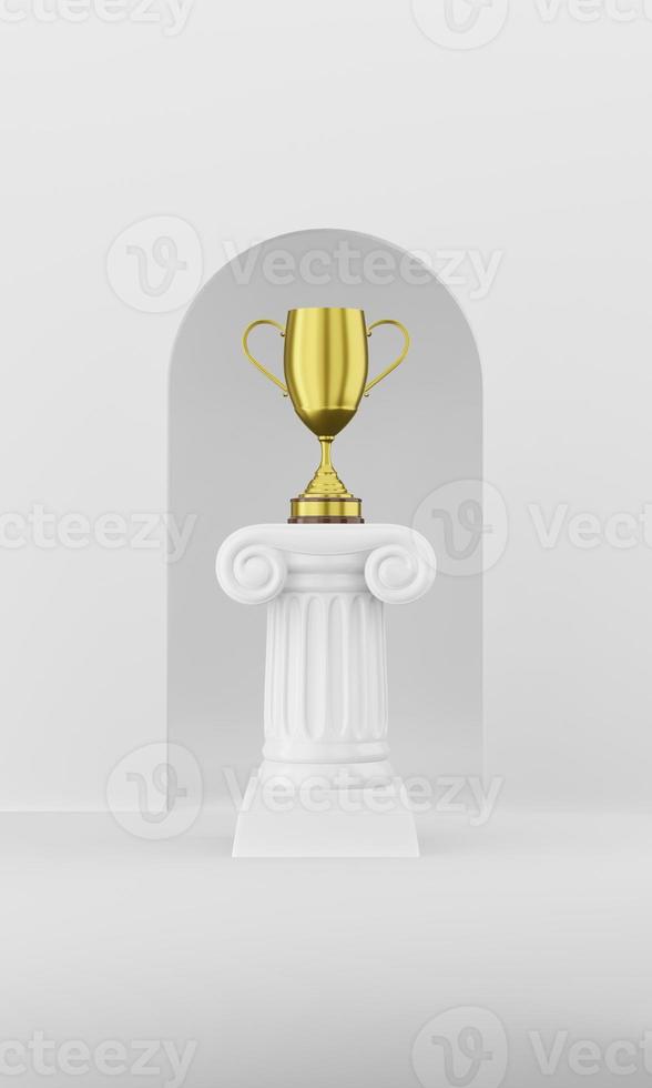 Abstract podium column with a golden trophy on the white background with arch. The victory pedestal is a minimalist concept. 3D rendering. photo