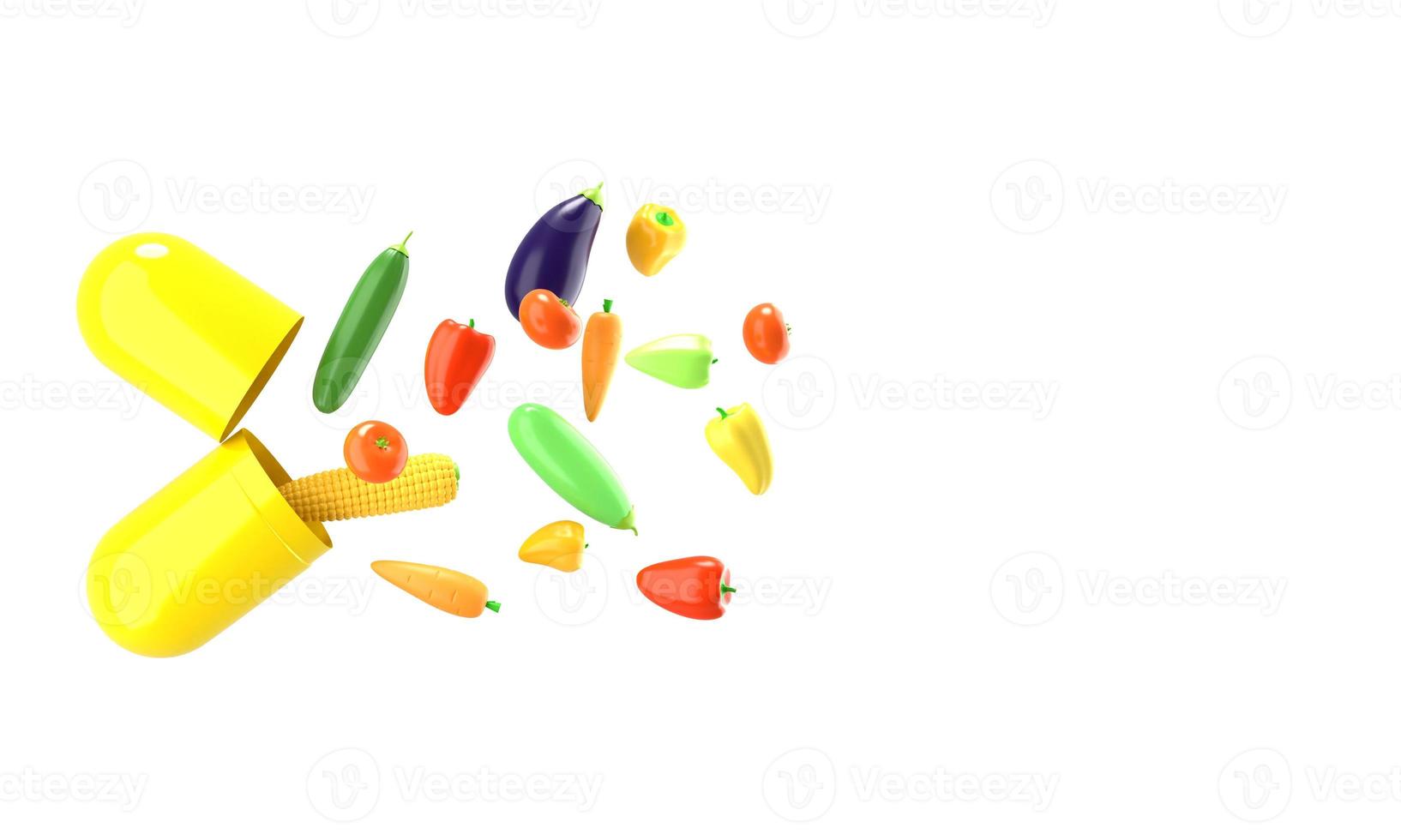 Fresh vegetables fly out of the pill. Conceptual illustration of nutritional supplements with empty space for text. 3D rendering. photo