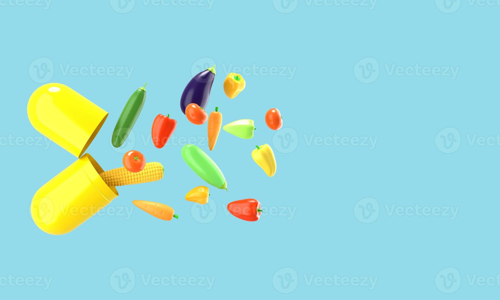 Fresh vegetables fly out of the pill. Conceptual illustration of nutritional supplements with empty space for text. 3D rendering. photo