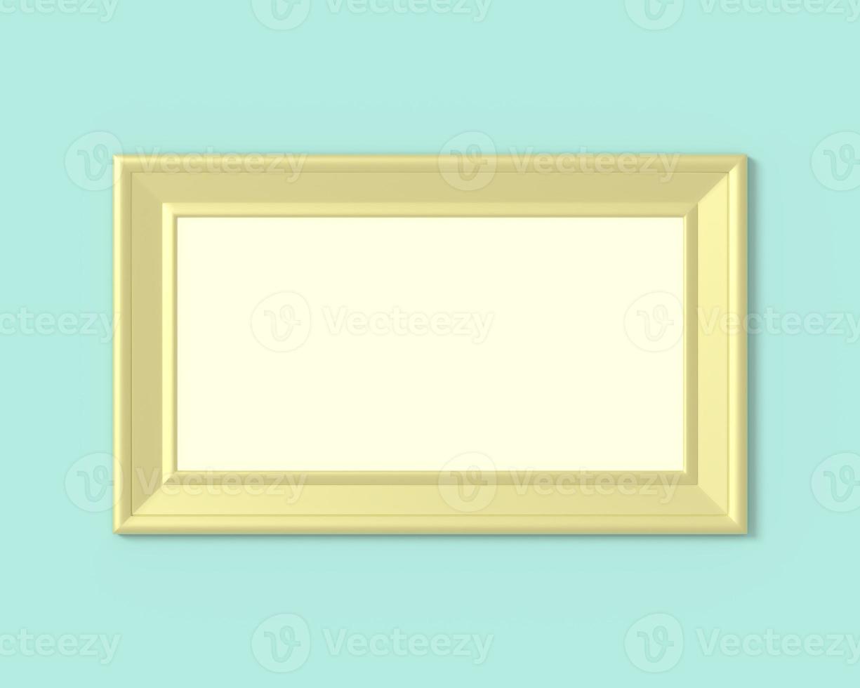 1x2 Horizontal landscape frame mockup. Realisitc paper, wooden or plastic gold blank for photographs. Isolated poster frame mock up template on blue green background. 3D render. photo