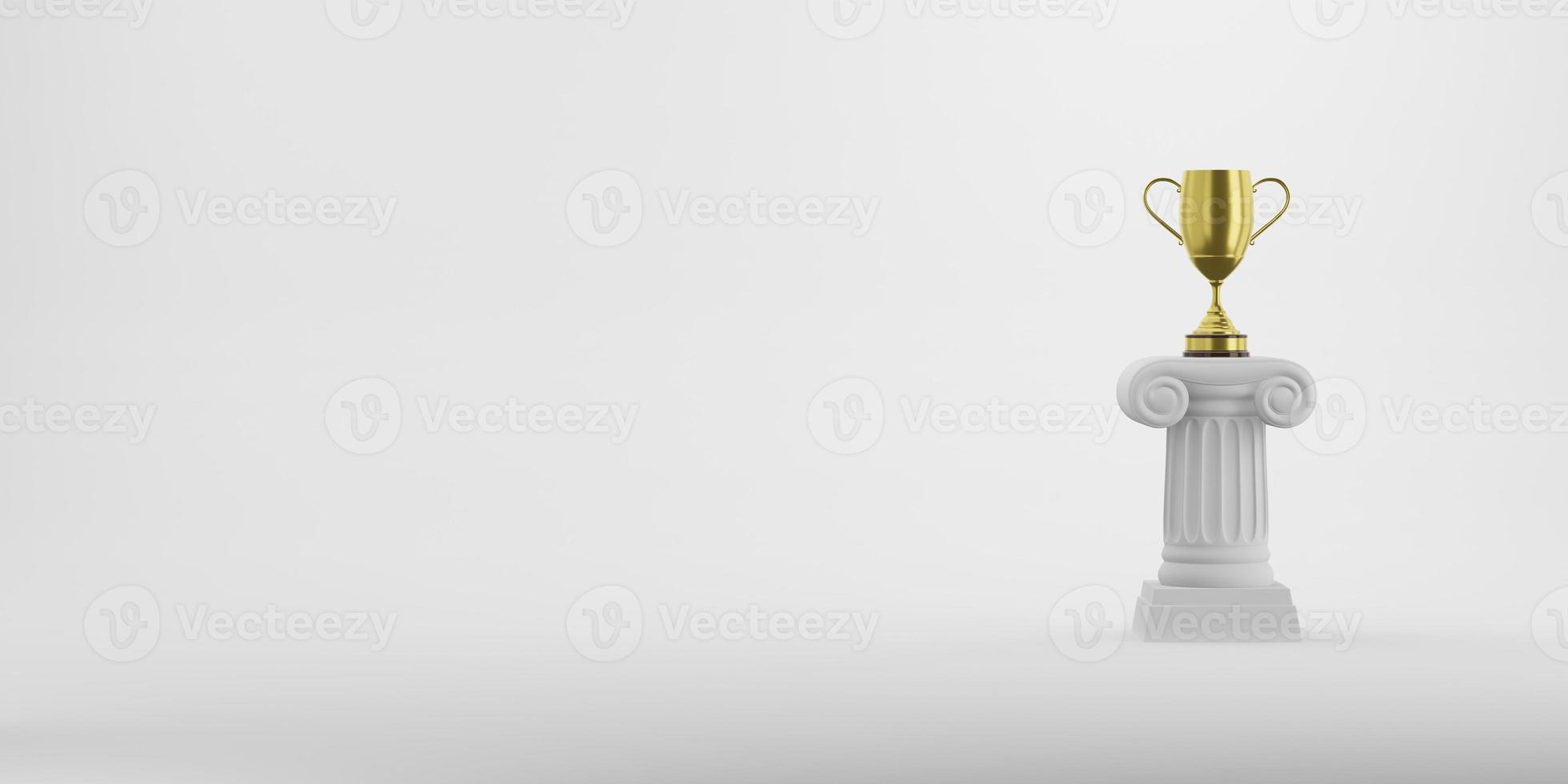 columna de podio abstracto con un trofeo de oro sobre fondo blanco. el pedestal de la victoria es un concepto minimalista. espacio libre para texto. representación 3d foto