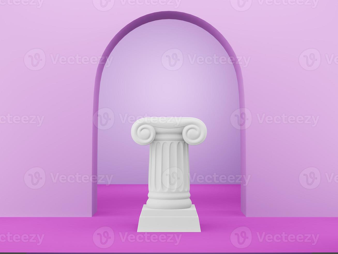 columna de podio abstracta sobre el fondo fucsia con arco. el pedestal de la victoria es un concepto minimalista. representación 3d foto