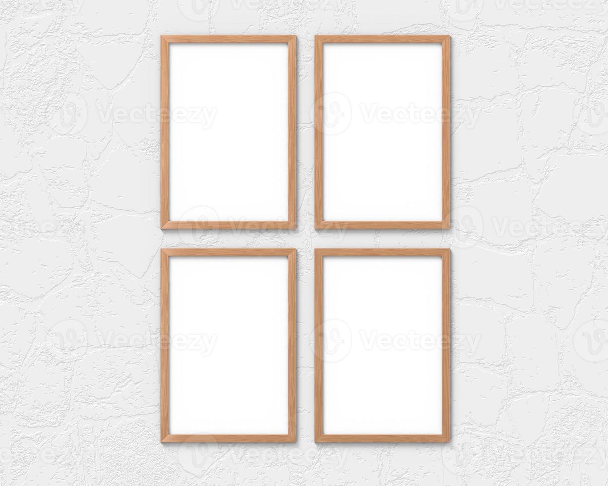 Set of 4 vertical wooden frames mockup with a border hanging on the wall. Empty base for picture or text. 3D rendering. photo