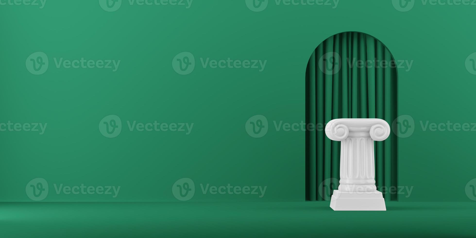 Abstract podium column on the green background with arch. The victory pedestal is a minimalist concept. 3D rendering. photo