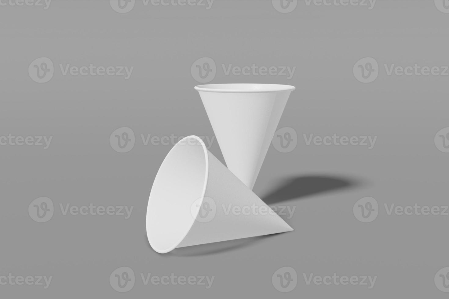 Set of two white paper mockup cups cone shaped on a grey background. 3D rendering photo