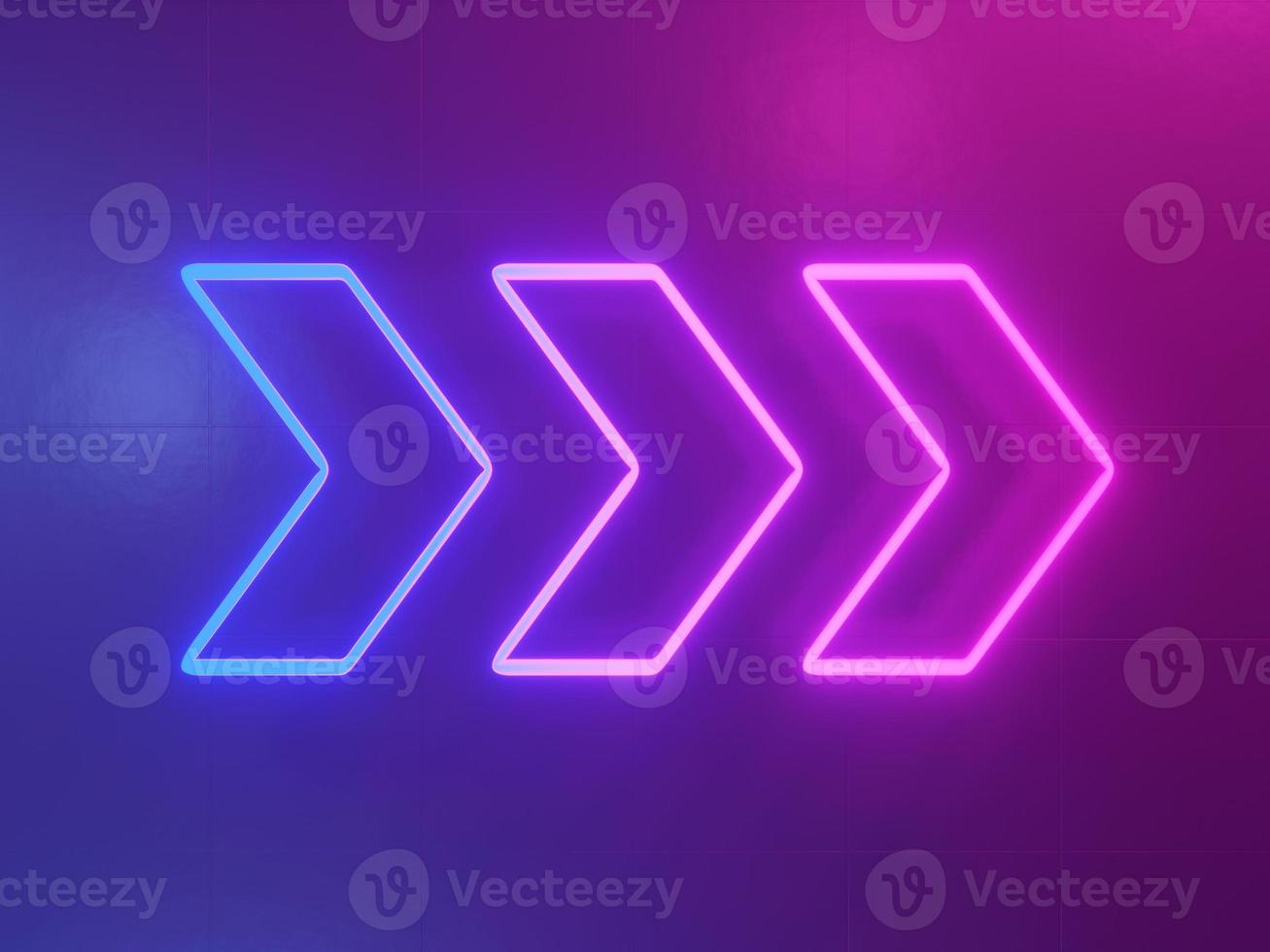 Neon glowing arrow, pointer abstract blue and pink background. 3d rendering photo