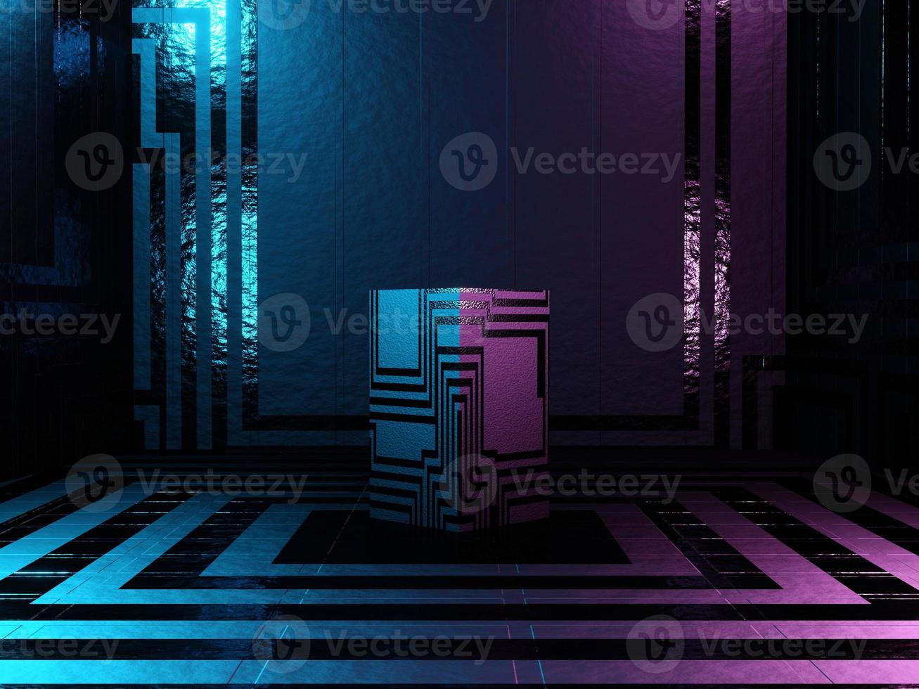 Abstract podium, pedestal or platform - a cube with Sci-Fi texture on a dark futuristic background. The concept of the city or the interior of the future. 3d rendering photo