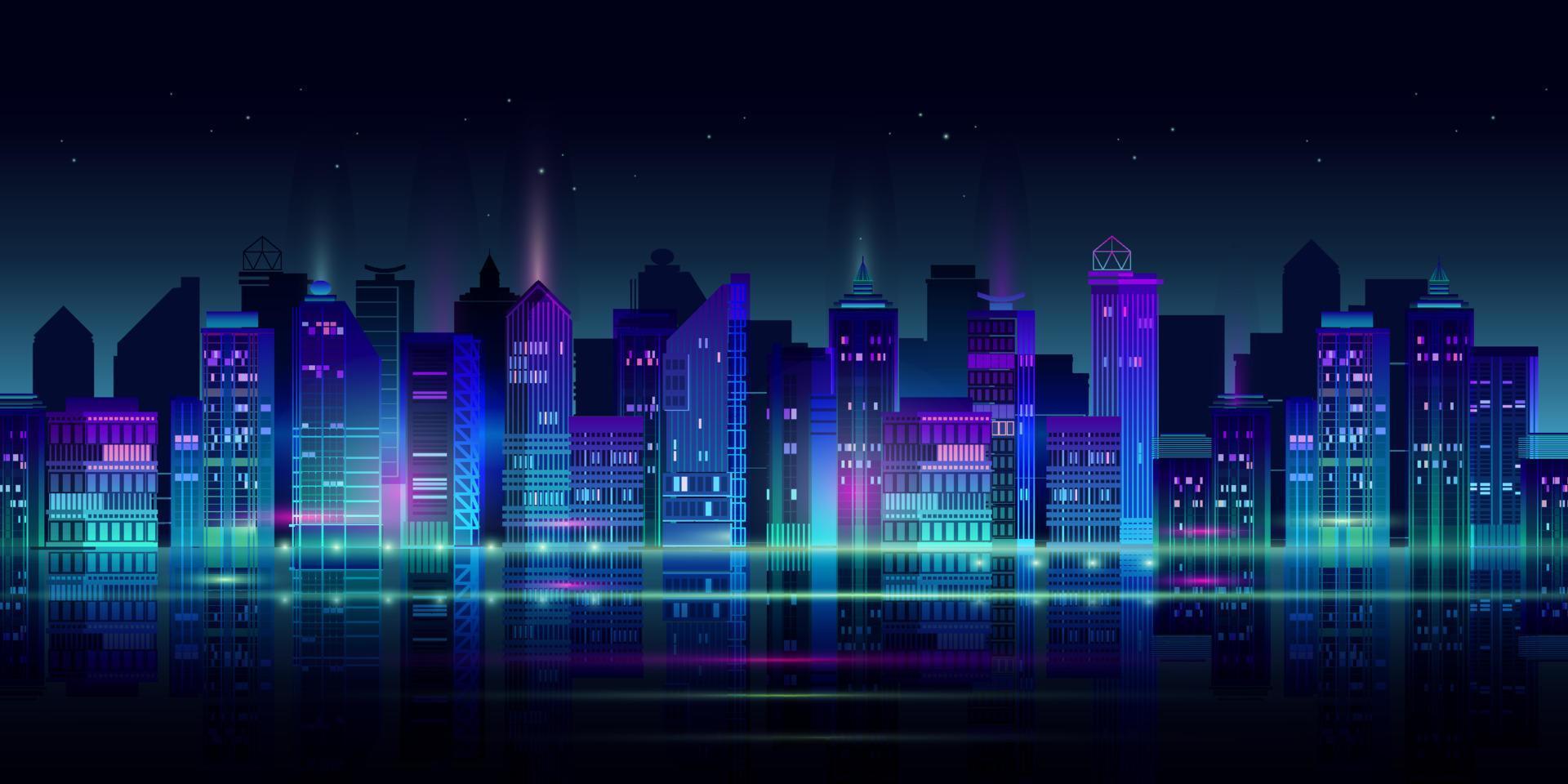 Night City Panorama with Neon Glow on Dark Background. Vector. vector