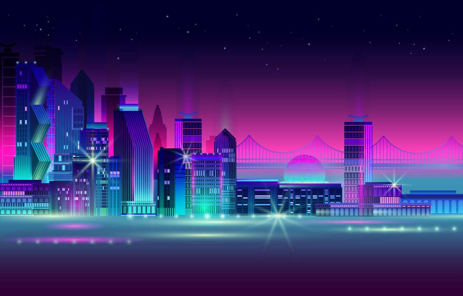 Night City Panorama with Neon Glow on Dark Background. Vector. vector