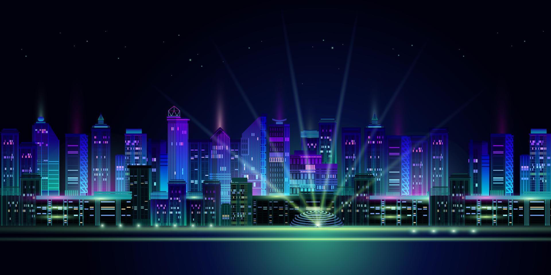 Night City Panorama with Neon Glow on Dark Background. Vector. vector