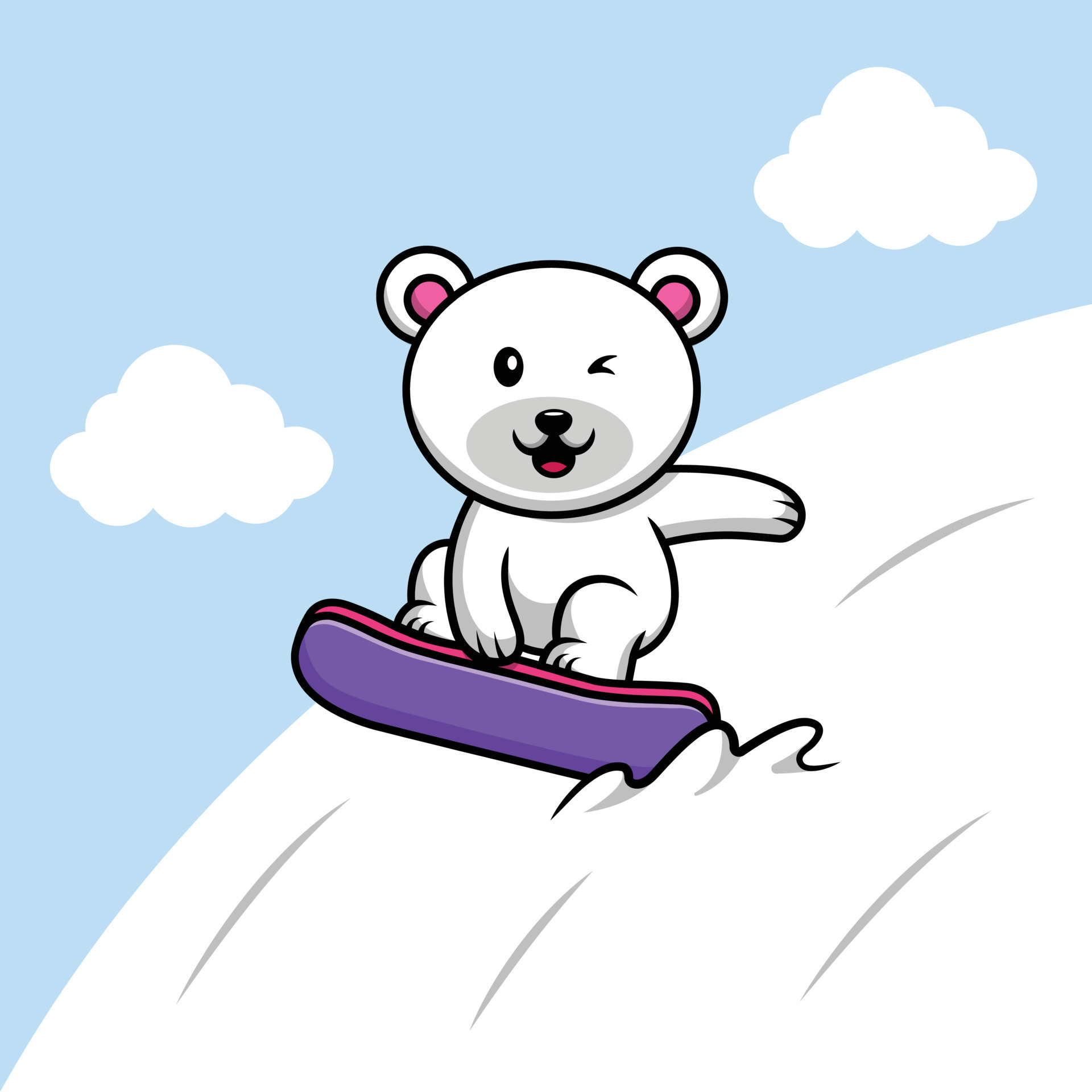 Cute Polar Bear Snowboarding Cartoon Vector Icon Illustration. Animal