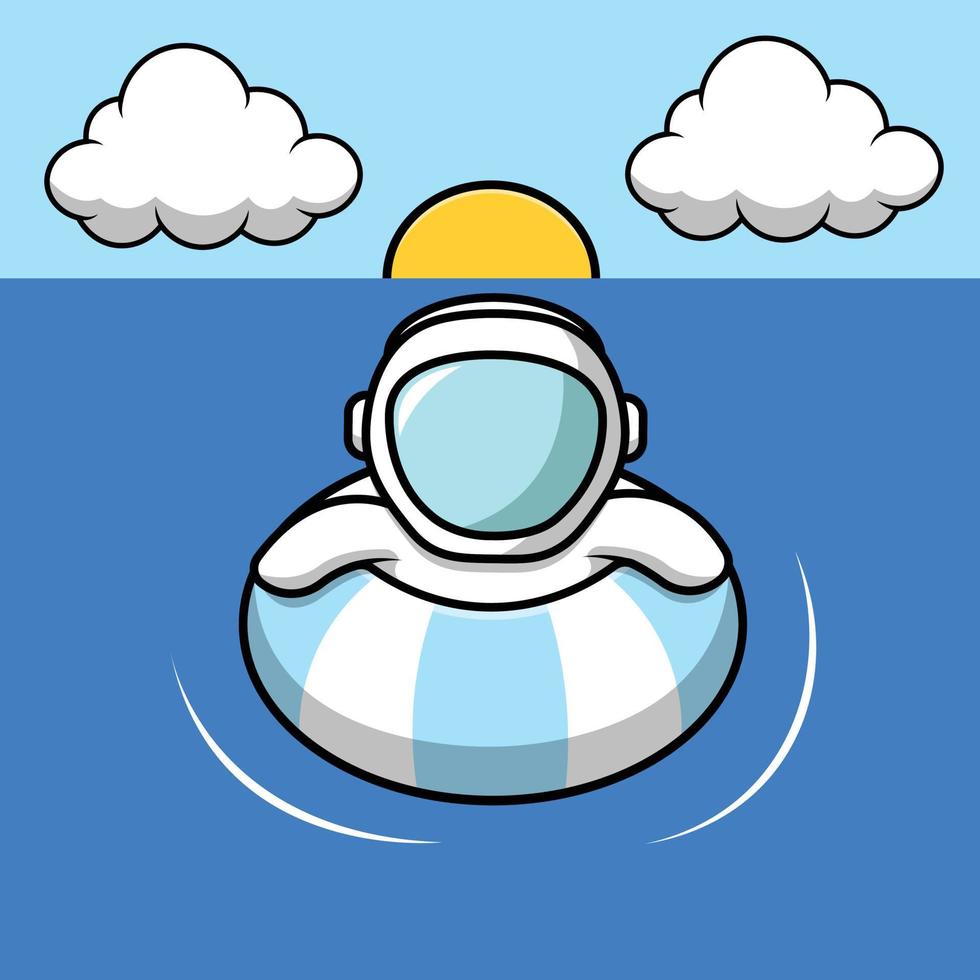 lindo astronauta flotando con neumáticos de natación en la ilustración de icono de vector de dibujos animados de mar. concepto de icono de comida vector premium aislado. estilo de dibujos animados plana