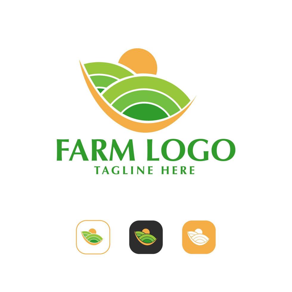 Sunrise sunset logo template with sun and grass green and orange garden for farm and nature vector