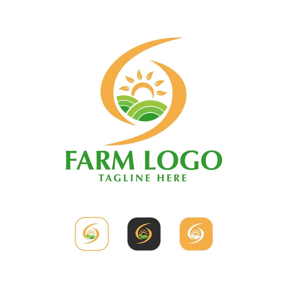 plantilla de logotipo de puesta de sol de amanecer con sol y hierba para la granja y la naturaleza vector