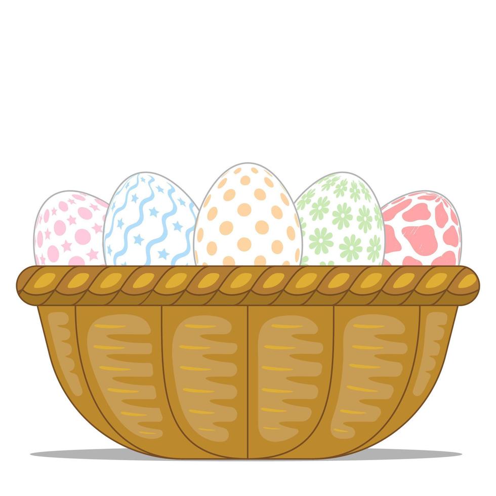 Cute rabbit and easter eggs in basket. vector