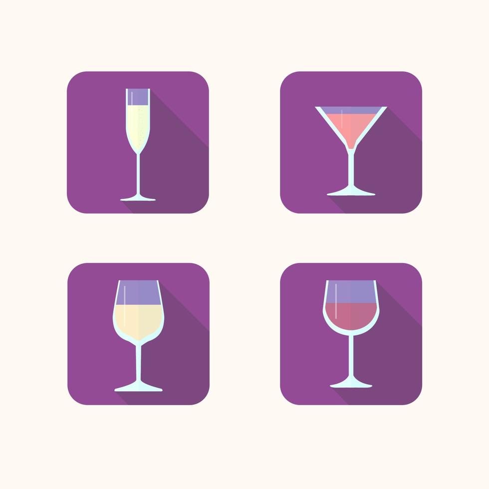 iconos planos de copas con champán, vino, martini vector