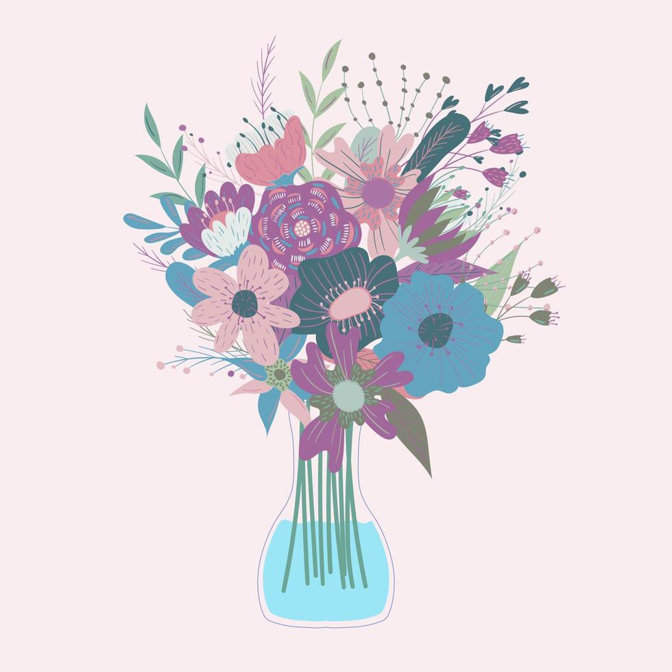 Wild and garden blooming flowers in vases. Bundle of bouquet. Decorative floral design elements. Flat cartoon vector illustration.