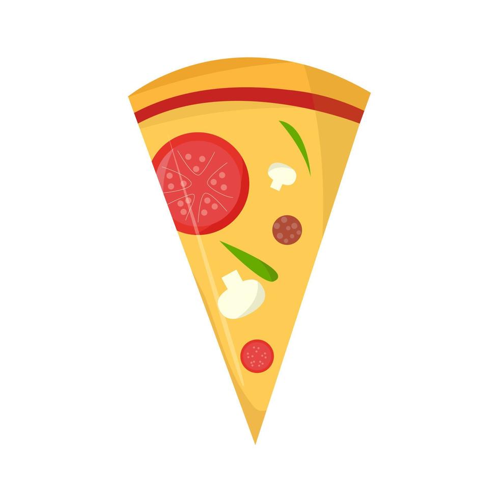 Slice of pizza with cheese, tomatoes, mushrooms, sausage and greens on a white background vector