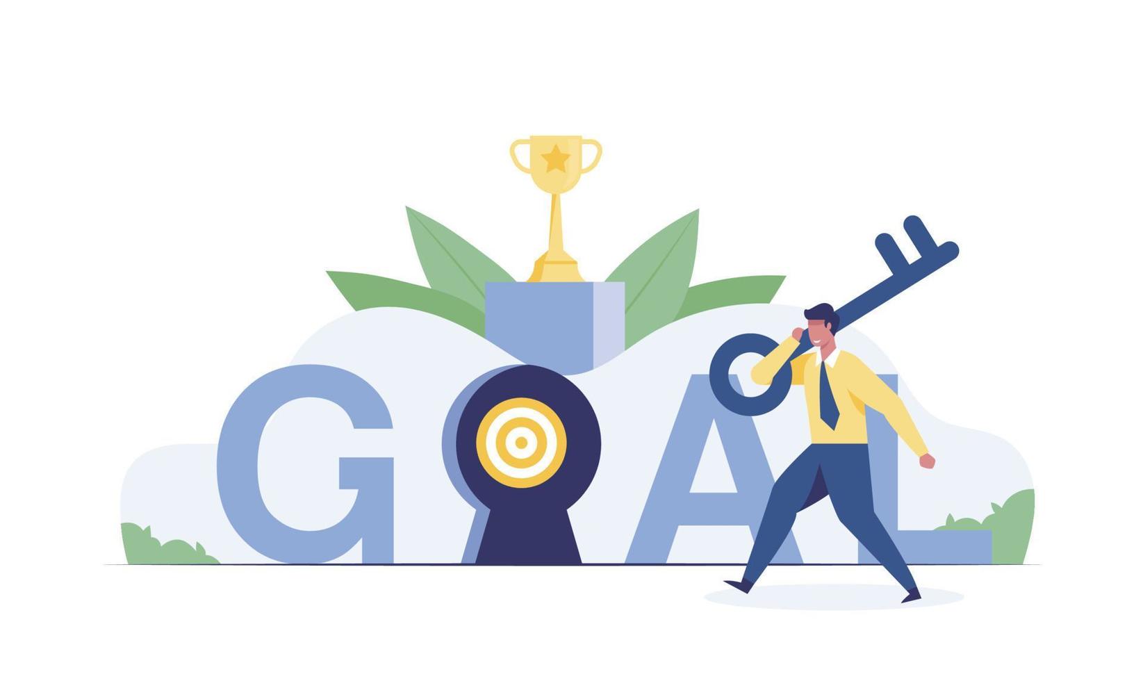 key to reach goal, unlock secret door to growing business. businessman holding golden key and walk to unlock. vector