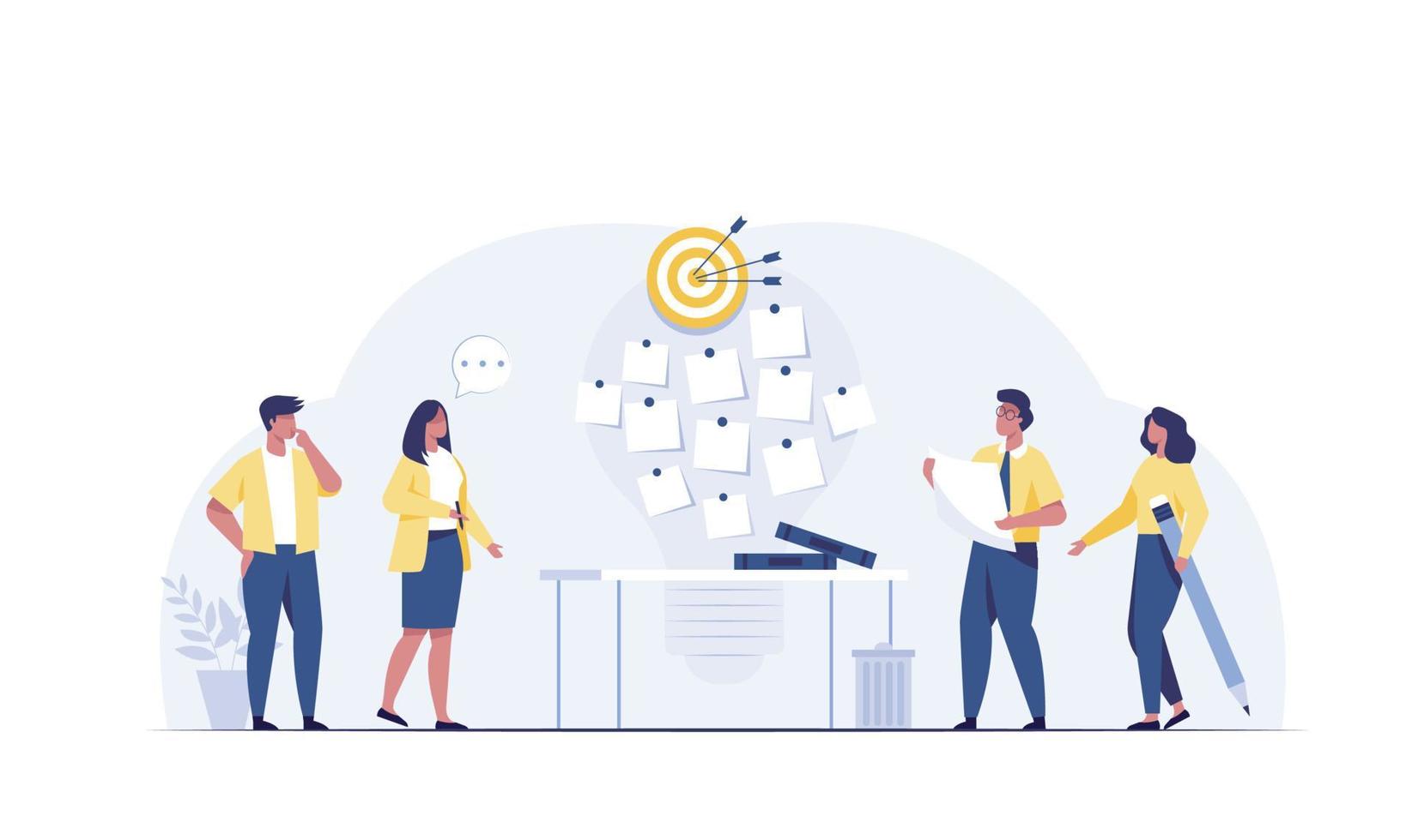 Ideation, brainstorming to gather new idea, effective meeting discussion, team members discover solution. vector