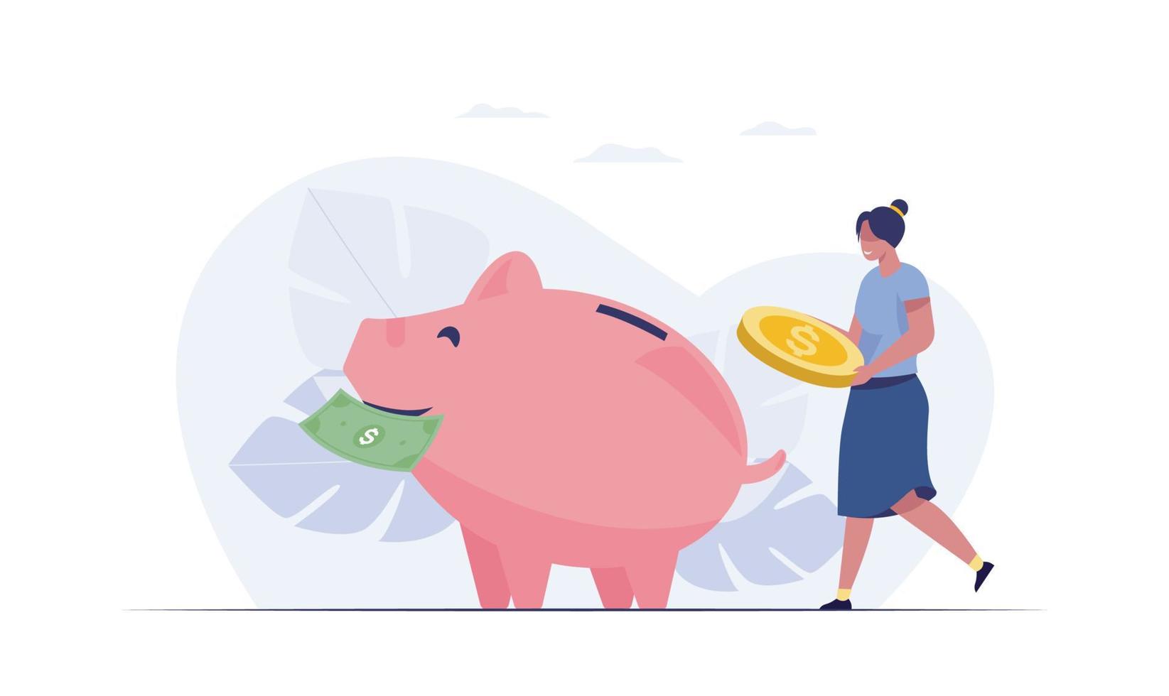 Saving money concept. piggy bank with coins, girl holding coin. vector illustration