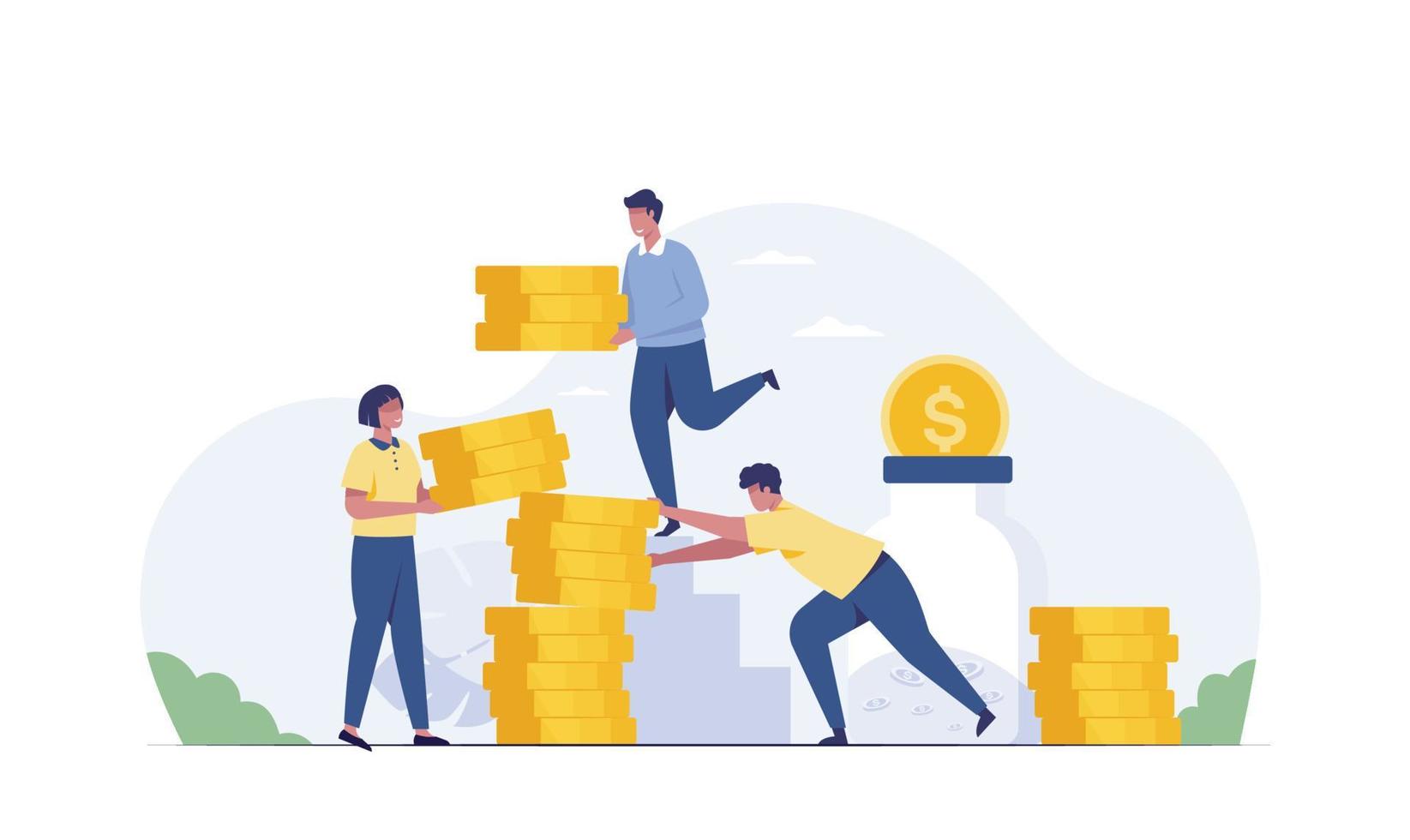 Save money and investment concept. Young people standing near huge join jar. vector