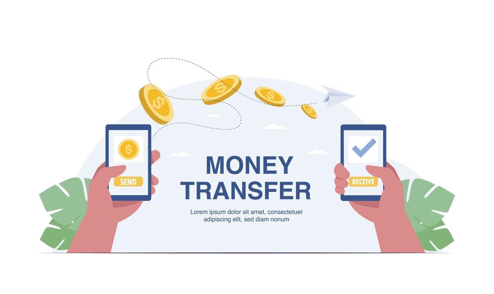 Mobile money transfer with hand holding mobile phone. vector illustration