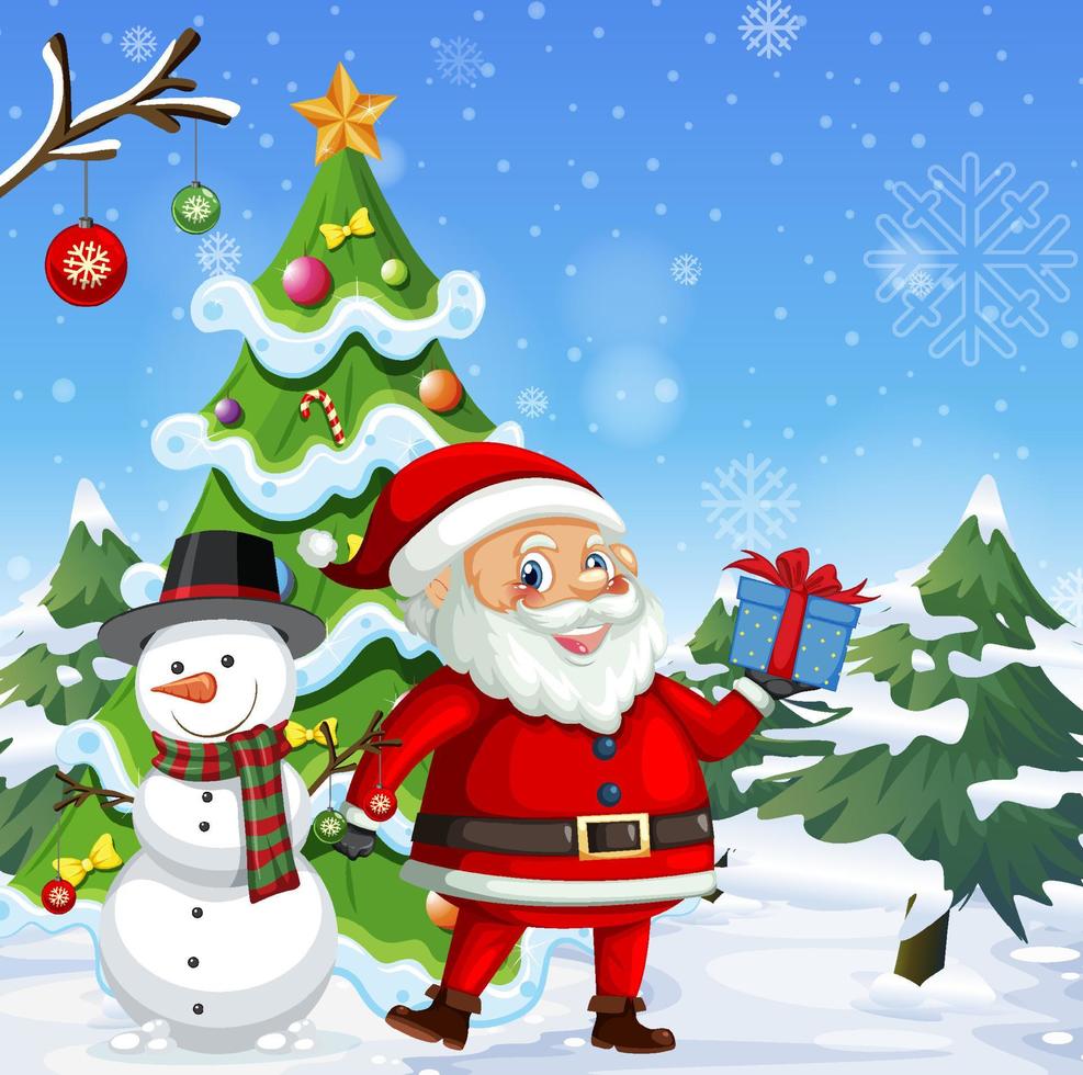 diseño de cartel de navidad con santa claus y muñeco de nieve vector