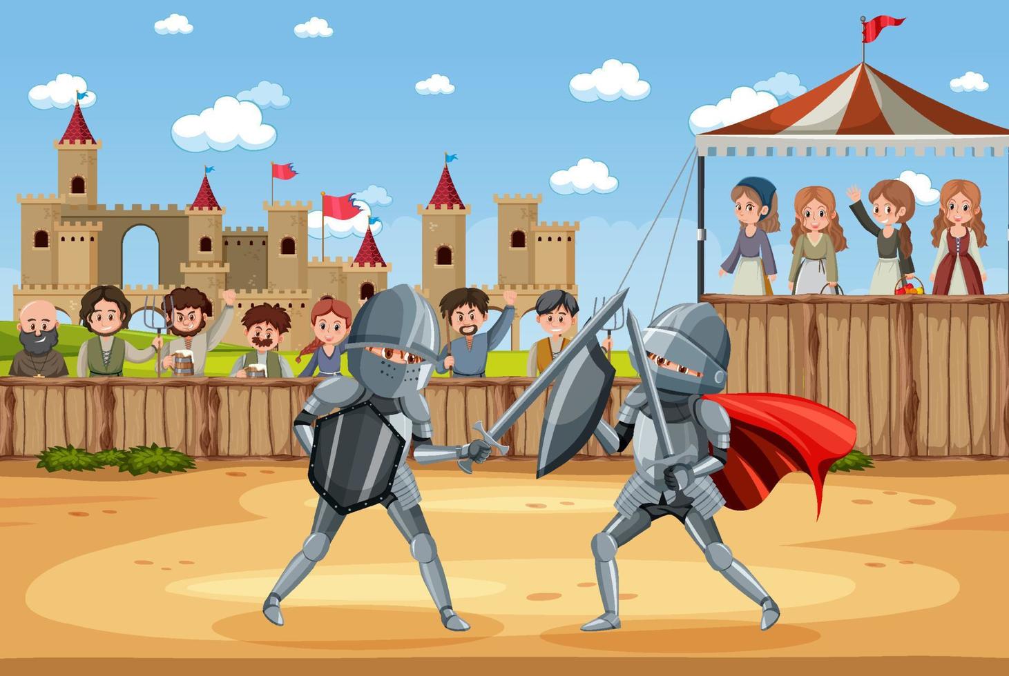 Medieval scene with two knights fighting together vector