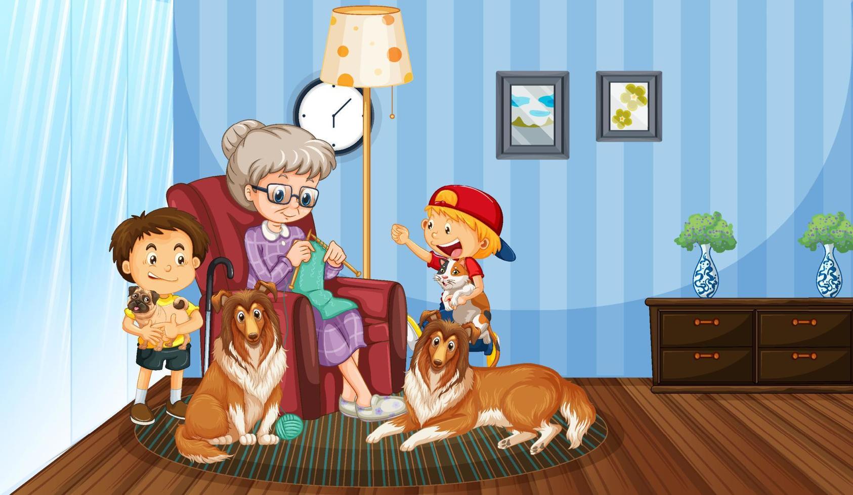 abuelita con sus sobrinos en la sala vector