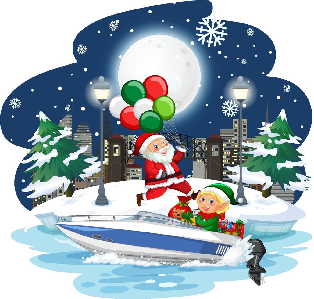 Santa Claus and elf on a speedboat at snowy night vector