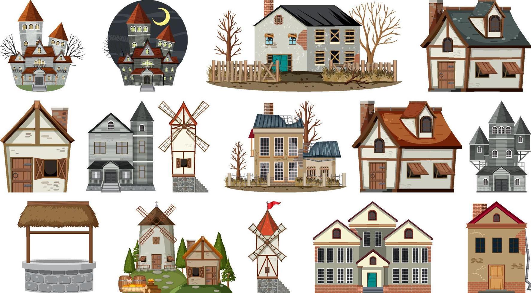 Set of abandoned houses and buildings vector