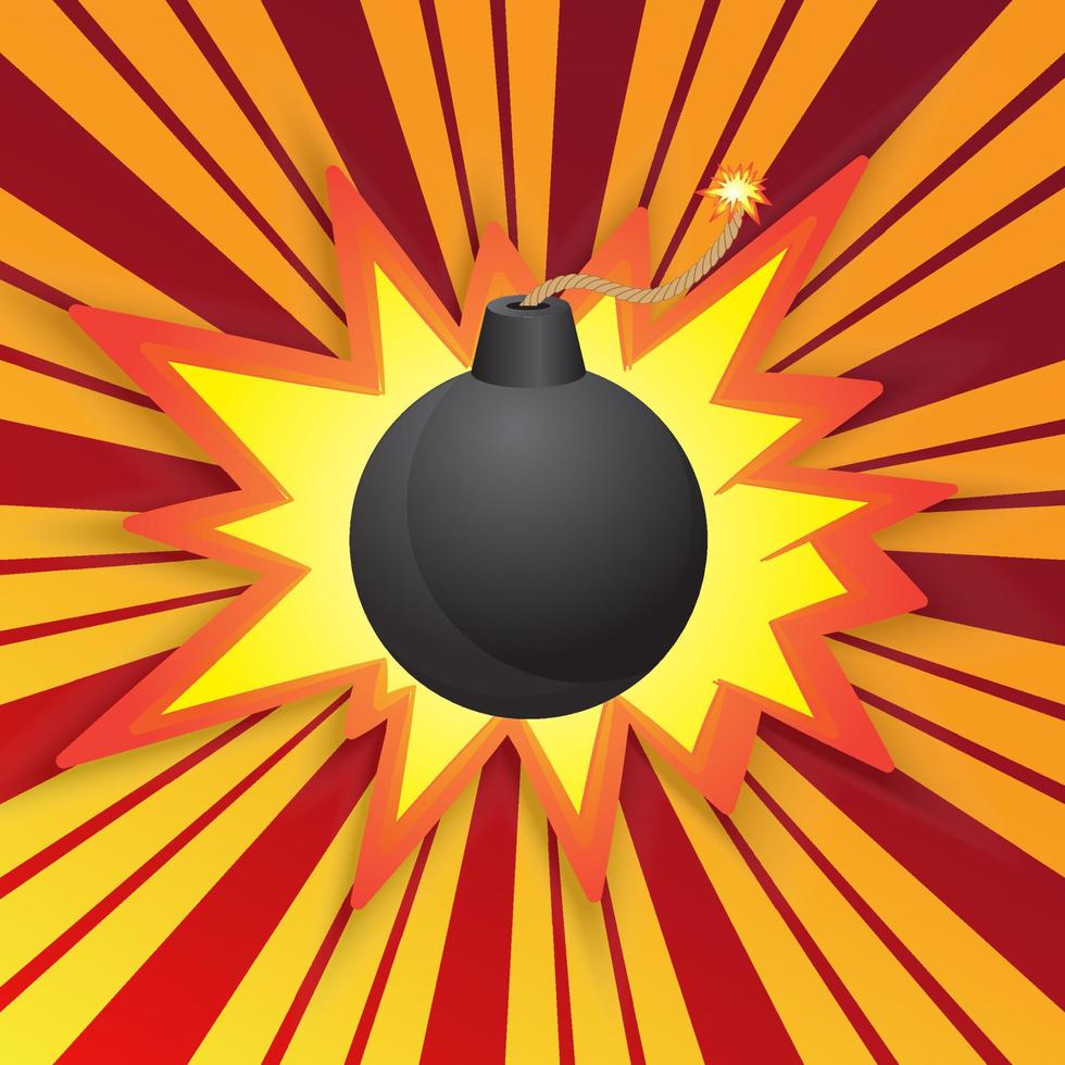ilustración de vector de bomba negra con rayos de sol en el fondo. bomba de dibujos animados aislada en un fondo suburst. vector de bomba negra redonda