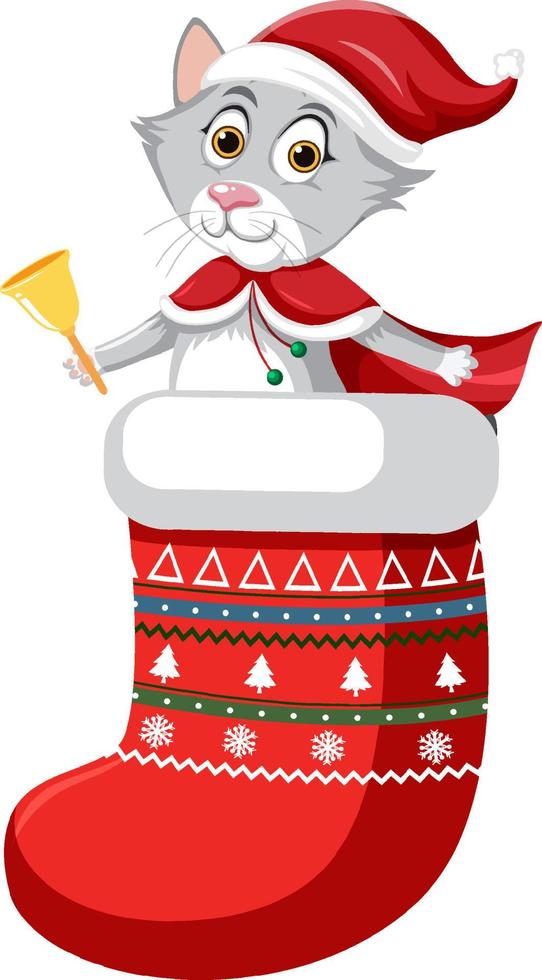lindo gato en calcetín de navidad en estilo de dibujos animados vector
