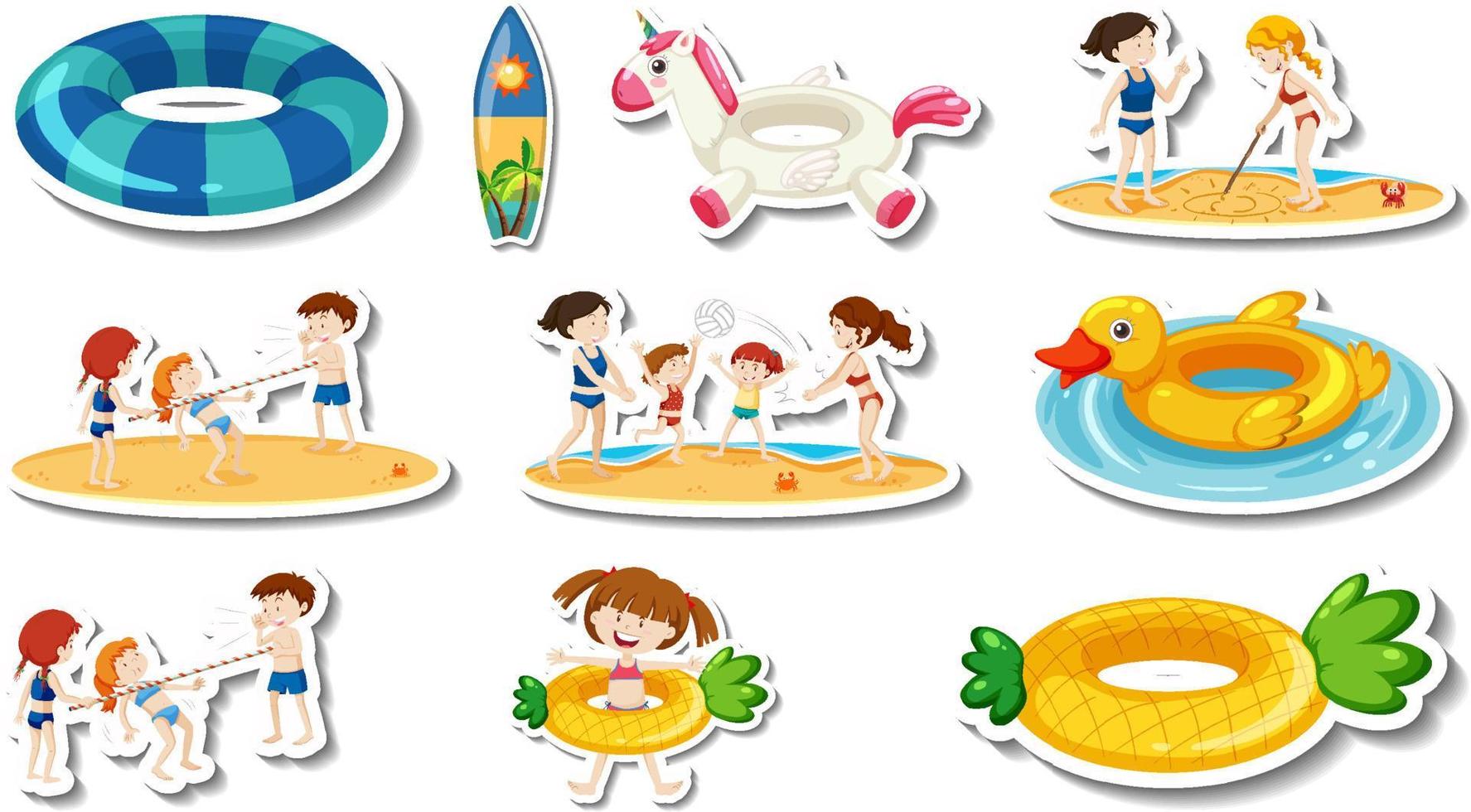 Set of summer beach items and children vector