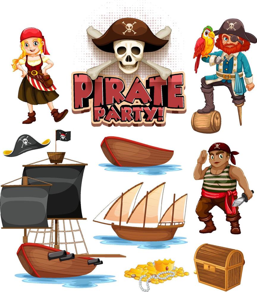 Set of pirate cartoon characters and objects vector