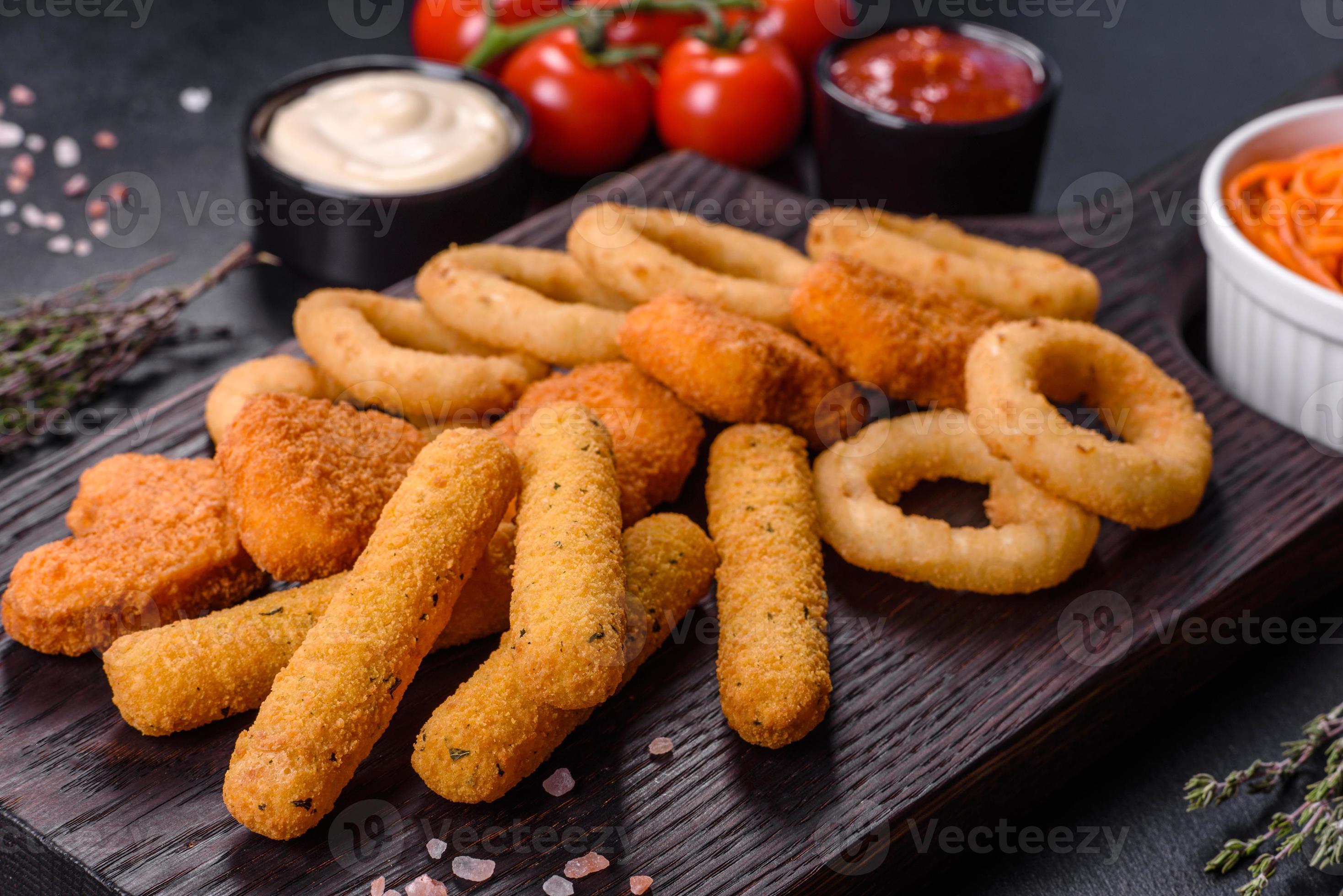 Snack platter - cheese sticks, chicken nugget, onion rings mix of