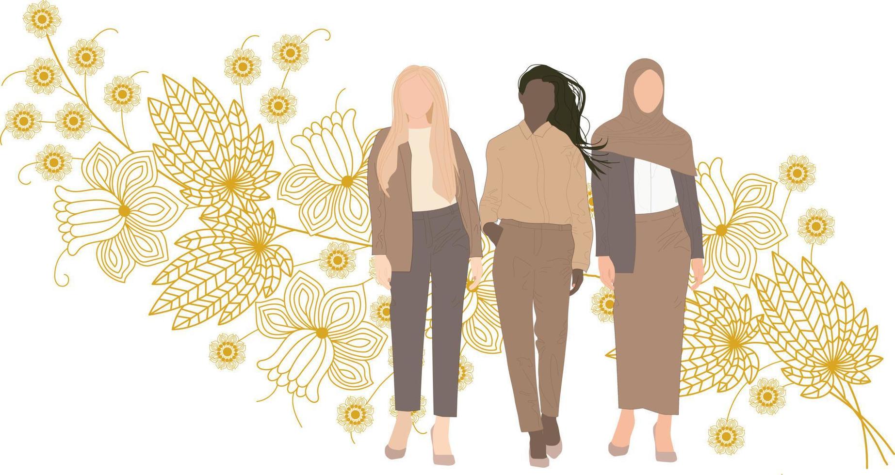 mujeres de diferentes nacionalidades, fe y color de piel juntas. vector