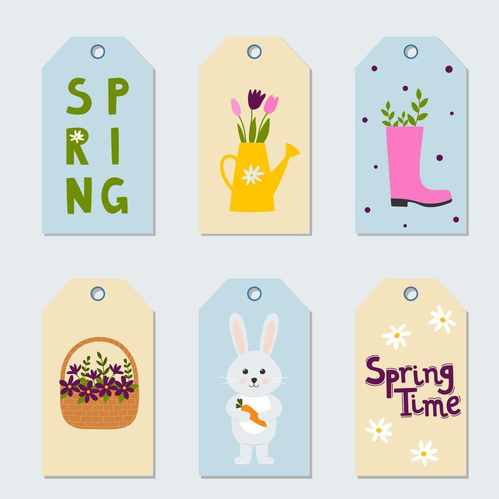Set of spring gift tags and labels with cute cartoon characters and lettering. Doodle flat style vector