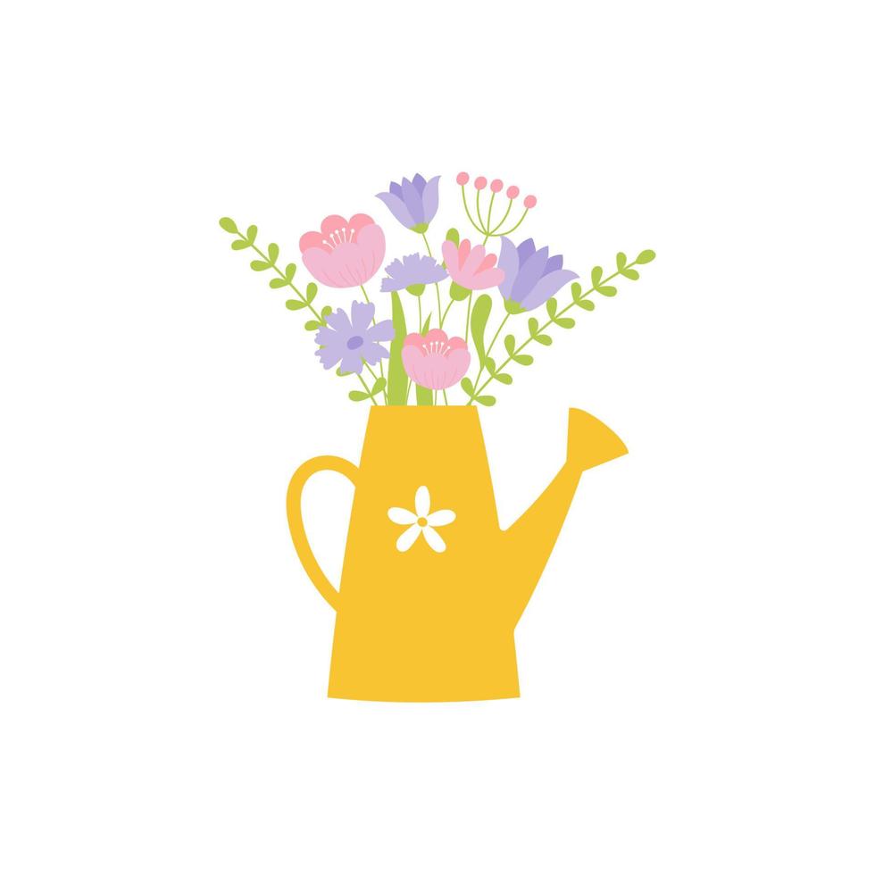 Hand drawn flowers bouquet in yellow watering can. Spring flowers in pastel colors. Template for greeting card, invitation, banner, print, postcard vector
