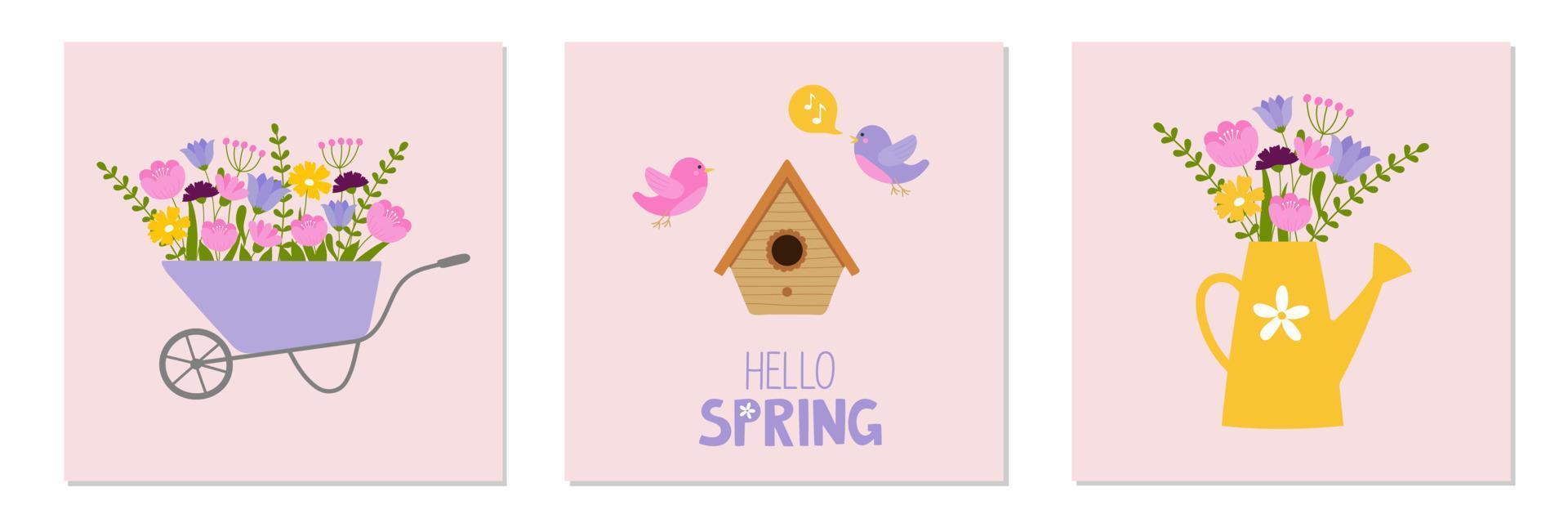 Set of spring mood posters template. Welcome spring season greeting card. Minimalist postcards with cute cartoon elements and lettering. Doodle flat style vector