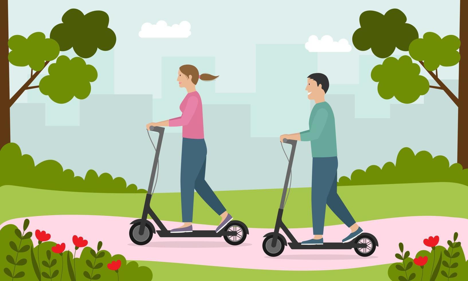 hombre y mujer montando scooters en el parque. el concepto de un estilo de vida activo, actividades al aire libre vector