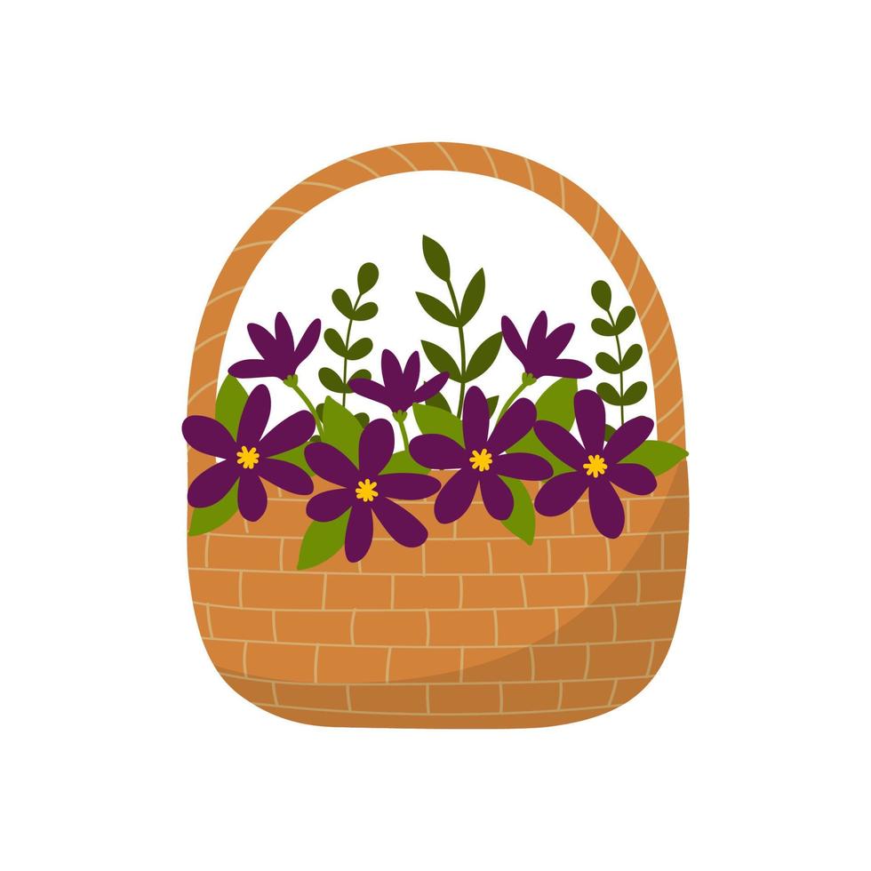 Wicker basket with purple flowers. Flat style. vector