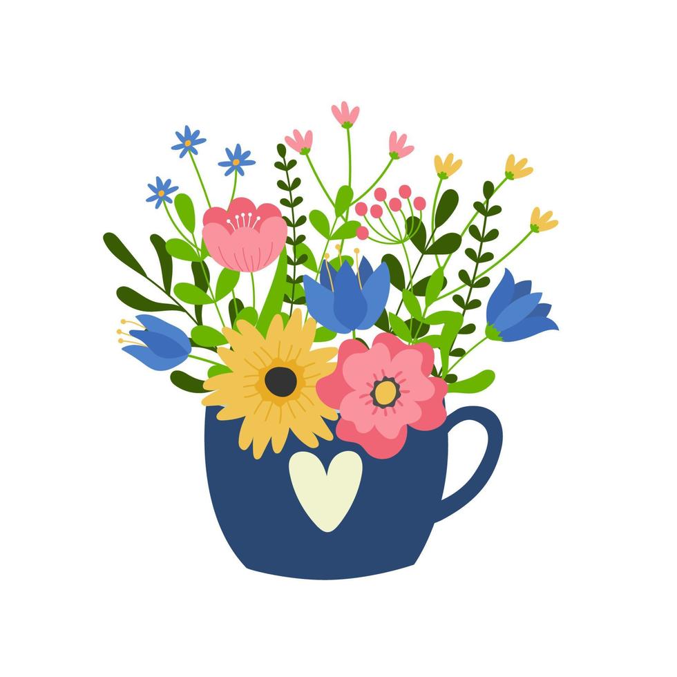 ramo de flores dibujadas a mano en taza azul. plantilla para tarjeta de felicitación, invitación, banner, impresión, postal. vector