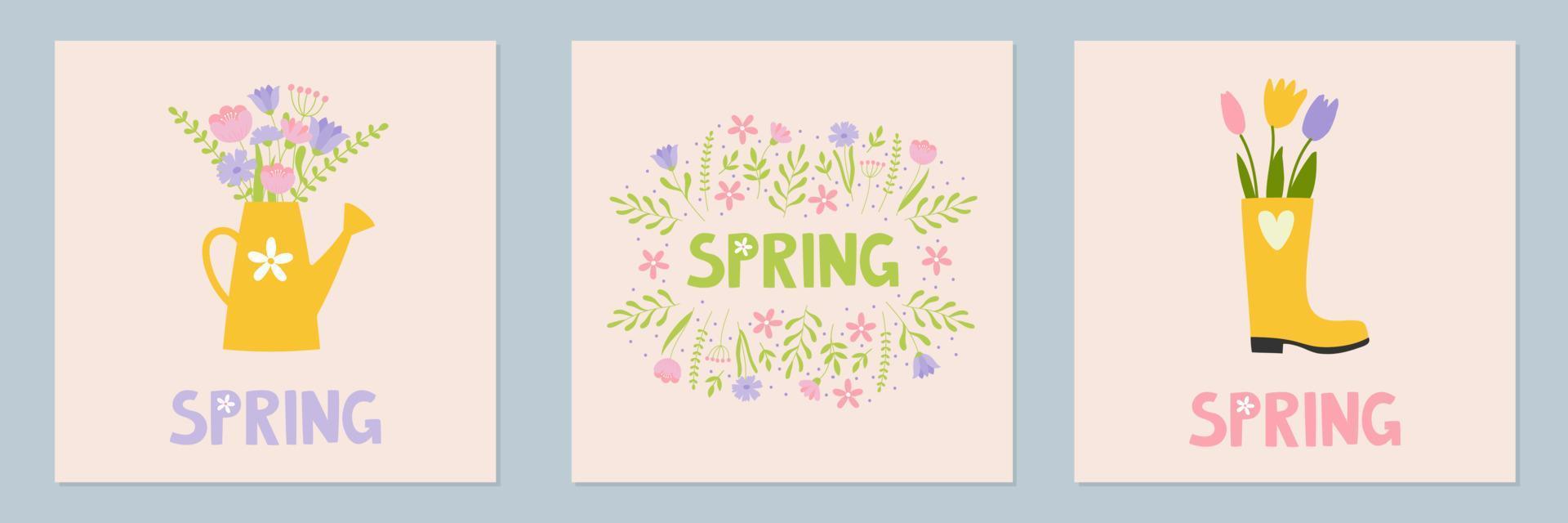 Set of spring mood posters template. Welcome spring season greeting card. Minimalist postcards with cute cartoon elements and lettering. Doodle flat style vector