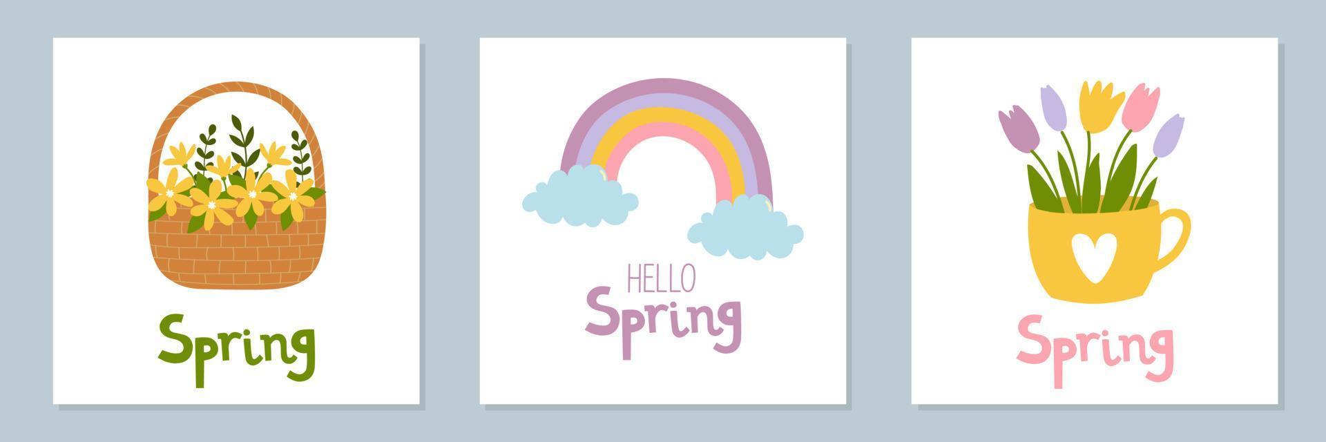 Set of spring mood posters template. Welcome spring season greeting card. Minimalist postcards with cute cartoon elements and lettering. Doodle flat style vector
