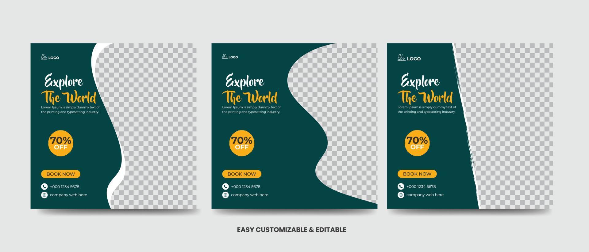 Travel and vacation square social media banner post template with brush stroke. Travel agency ads banner. Modern travel social media vector