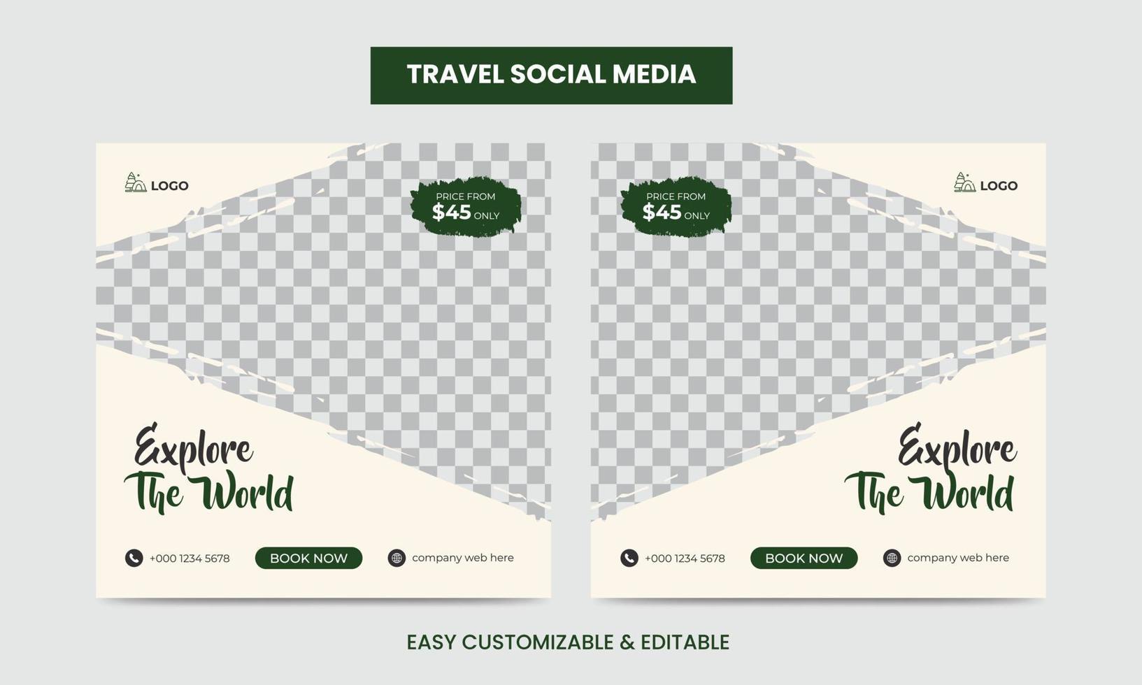 Travel and vacation square social media banner post template with brush stroke. Travel agency ads banner. Modern travel social media vector