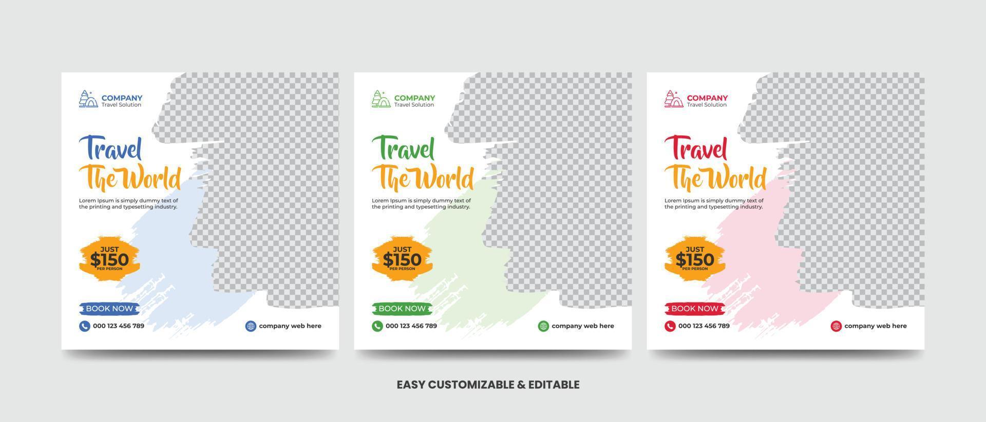 Travel and vacation square social media banner post template with brush stroke. Travel agency ads banner. Modern travel social media vector