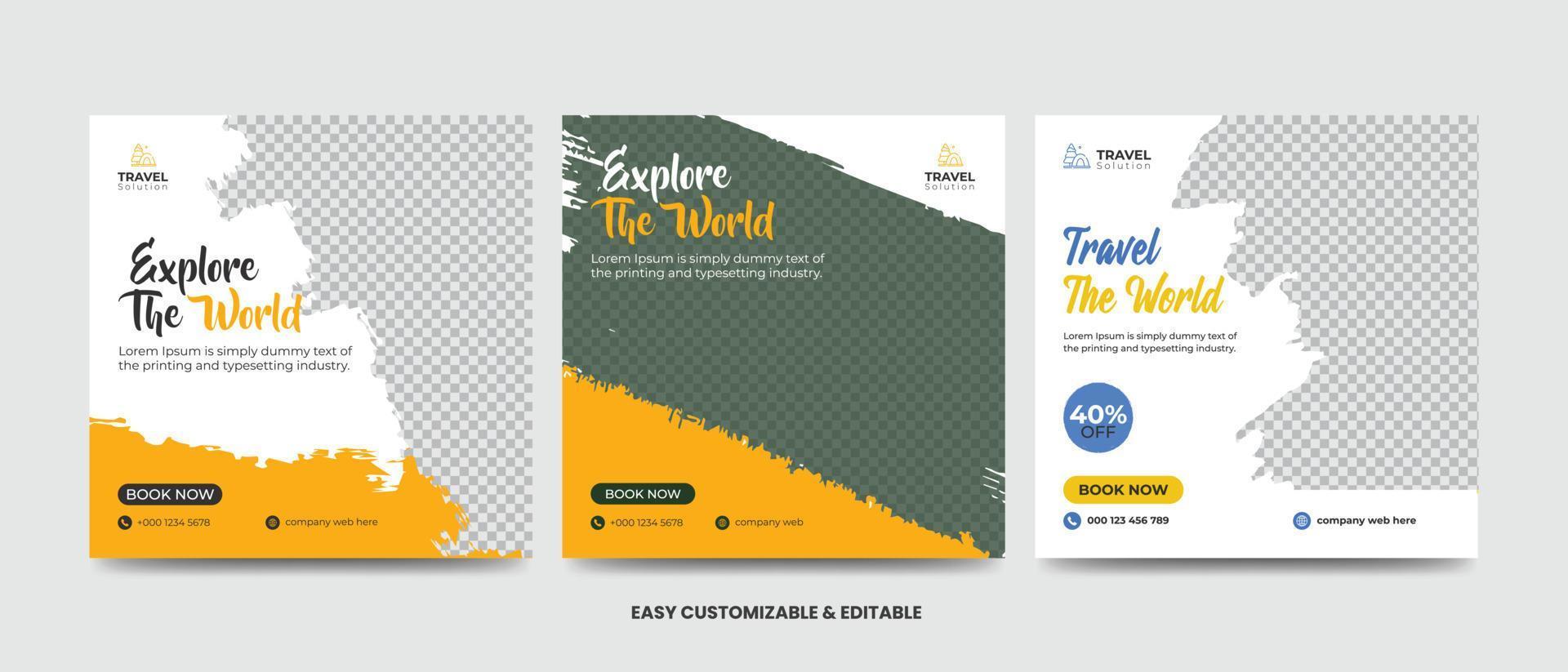 Travel and vacation square social media banner post template with brush stroke. Travel agency ads banner vector
